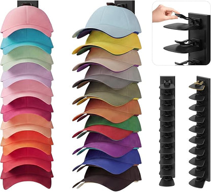 YOUDENOVA Hat Organizer for Baseball Caps, 2 Pack Hat Rack for Wall Hold up to 40 Hats, Adhesive Hat Storage Display for Wall and Closet Doors, Black