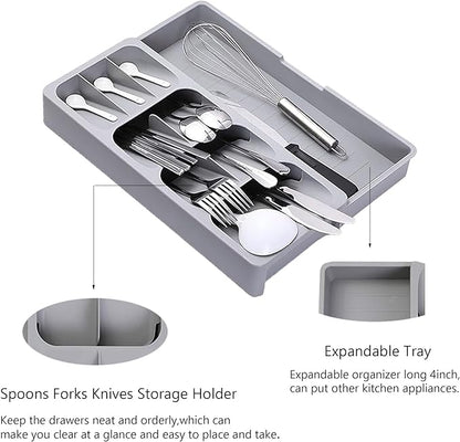 Silverware Drawer Organizer with Expandable Tray for Kitchen Drawer, Adjustable Compact Plastic Kitchen Utensil Storage for Spoons Forks Knives Easy to Access & Save Space