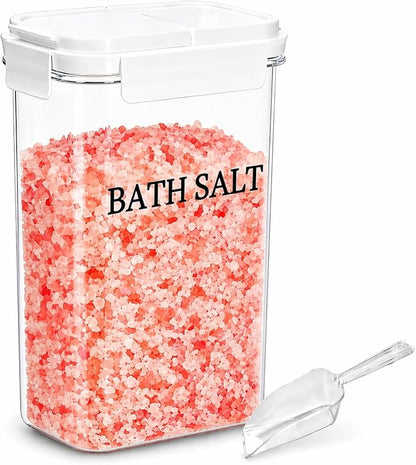 Bath Salt Jar, 78 oz Plastic Bath Salt Container with Scoop, Airtight Storage with Locking Lids, Stackable Clear Canister for Epsom Salt, Bathtub Accessories