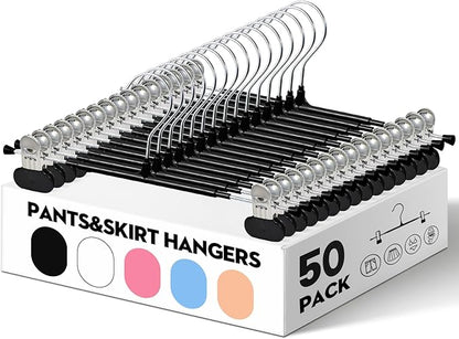 HUADYMEET 50 Pack 12Inch Pants Hangers with Wide Clips,Metal Trouser Hanger for Jeans.Space Saving Skirt Hangers Heavy Duty Non-Slip Adjustable Clothes Shorts Hanger for Women,Men,Black