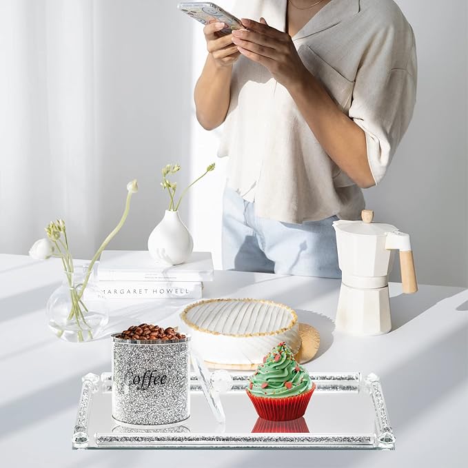 Glass Mirror Vanity Tray, 13.8" x 5.9" Crushed Diamond Silver Crystal Rectangular Perfume Makeup Display Tray, Jewelry Trinket Cupcake Holder for Home Decor Christmas Banquet Party Gift