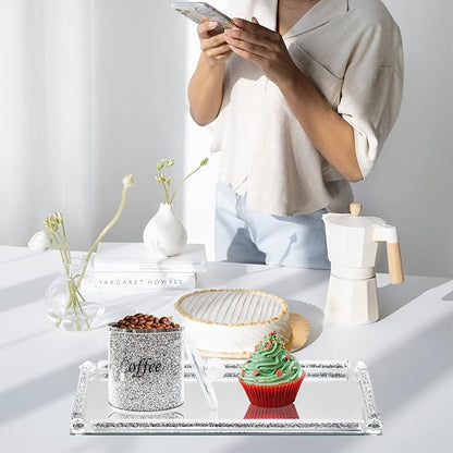 Glass Mirror Vanity Tray, 13.8" x 5.9" Crushed Diamond Silver Crystal Rectangular Perfume Makeup Display Tray, Jewelry Trinket Cupcake Holder for Home Decor Christmas Banquet Party Gift
