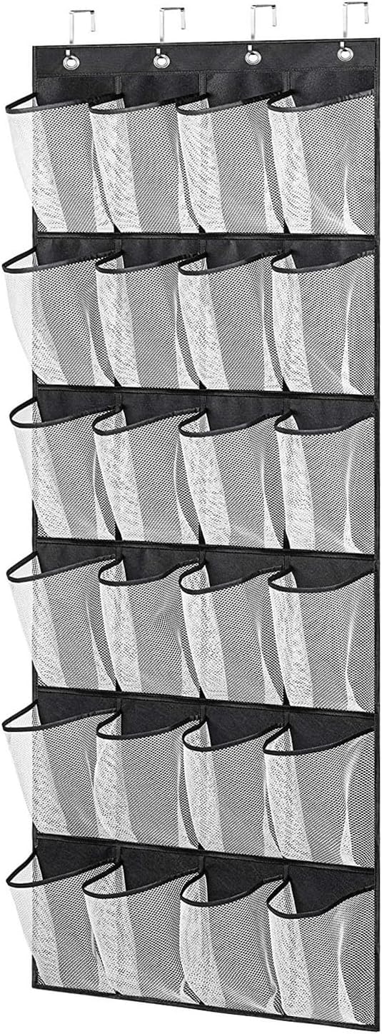 Shoe Rack For Closet Front Door Entrance Entryway Cabinet Hanging Organizer,Shoe Organizers Over The Door Bedroom Bathroom Space Saving Portable Clear 28 Pocket Mesh Breathable Hanger(Black White)