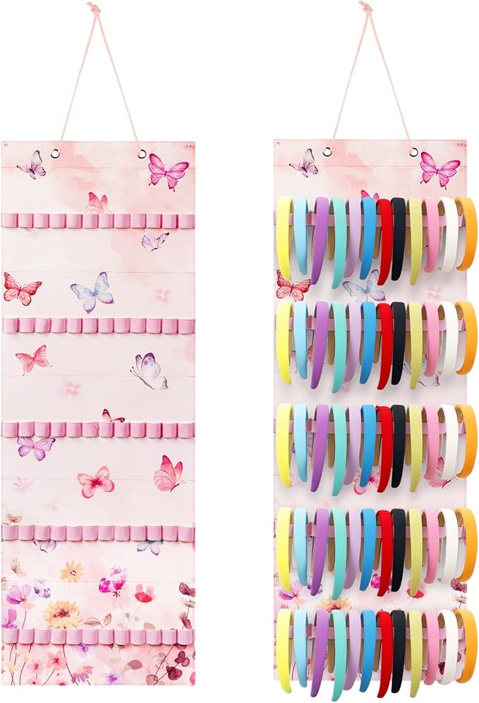 Tudomro Hanging Headband Holder for Girls Felt Hair Accessories Organizer with 60 Elastic Bands Bow Hanger for Girls Hair Bows Without Headbands(Pink, Purple,Butterfly)
