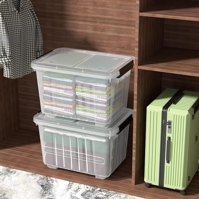 50 Quarts Plastic Storage Boxes, Large Clear Bins with Lids and Wheels Set of 4