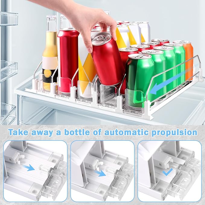 Drink Organizer for Fridge - Self Pushing Glide Refrigerator Drink Organizer, Adjustable Width Soda Dispenser Spring Loaded Beverage Storage, 5 Row