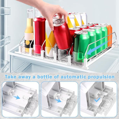 Drink Organizer for Fridge - Self Pushing Glide Refrigerator Drink Organizer, Adjustable Width Soda Dispenser Spring Loaded Beverage Storage, 5 Row