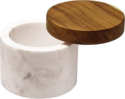 Anolon Pantryware Marble Salt Cellar with Teak Lid / Marble Salt Box with Teak Lid - 5.25 Ounce , White