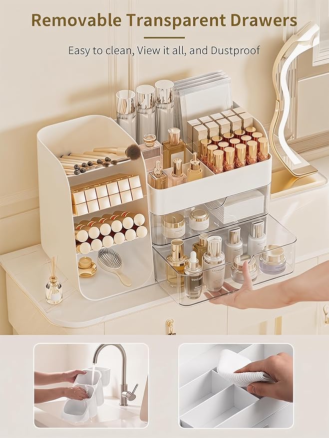 Booklov Makeup Organizer for Vanity, Countertop Cosmetic Display Case with Clear Acrylic Drawers, Bathroom Counter Beauty Caddy, Cute Table Storage Holder for Skincare, Brush Lipsticks, Crystal White