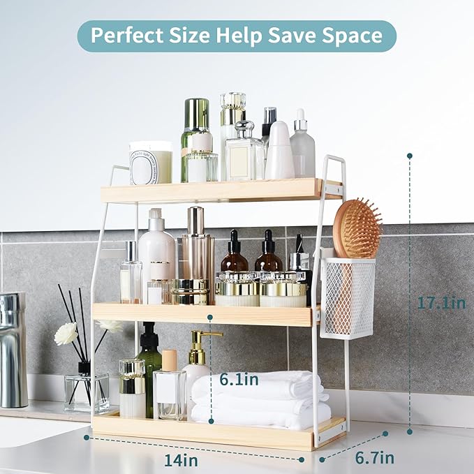 Uneviesyka Bathroom Counter Organizer, 3-Tier Standing Storage Shelf with Basket, Wood Tray for Skincare Vanity Organizer(White)