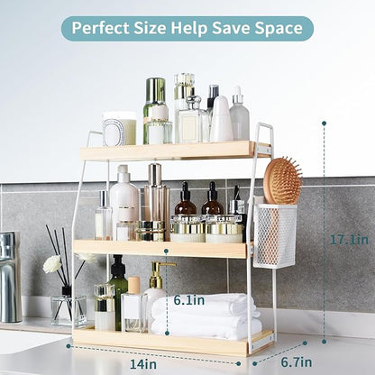 Uneviesyka Bathroom Counter Organizer, 3-Tier Standing Storage Shelf with Basket, Wood Tray for Skincare Vanity Organizer(White)
