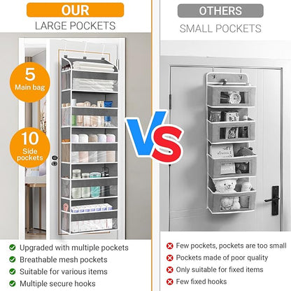 Gray 5 Layers Over The Door Organizer, Heavy Duty Hanging Organizer with Clear Window, 5 Large Pockets & 10 Mesh Side Pockets for Bedroom, Bathroom, Pantry, Nursery, Stores Shoes, Diapers
