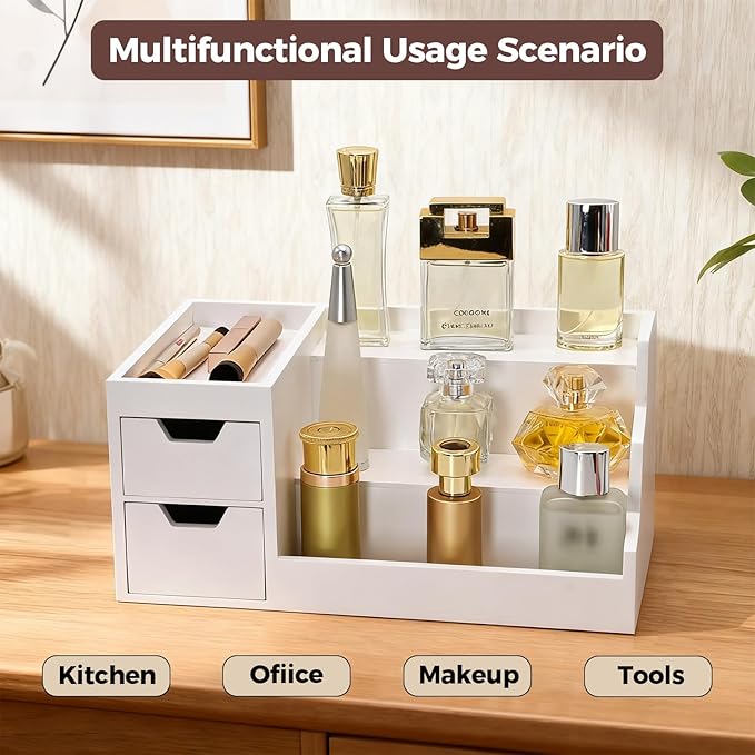 Countertop Perfume & Makeup Organizer - Wooden Rack, Cologne Stand Shelves & Skincare Organizer for Bedroom Dresser, Organizador de Perfumes Estante para Perfumes (White, 01)