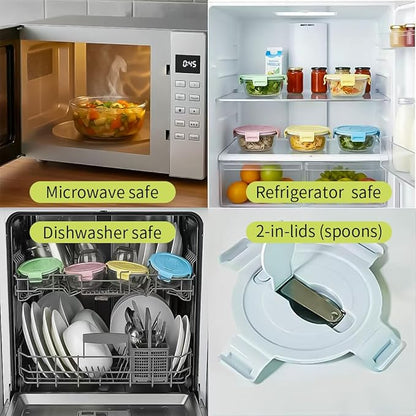 1.5 Cup Round Glass Food Container with Lids and Folding spoon, Small Round Glass Storage Container, 12oz Food Bowls with Spoons for Lunch Office, Oven, Freezer, Dishwasher Safe (4Pack)