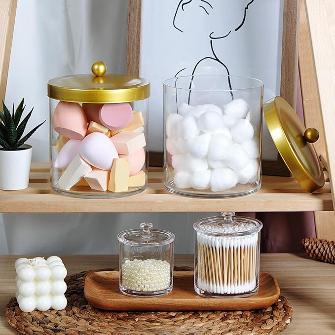 SheeChung 3-Pack Plastic Apothecary Jars with Gold Metal Lids - Large 50oz, 25oz & 15oz Clear Acrylic Storage Set - Shatterproof Modern Luxury Vanity & Home Organizer - Glam Decor