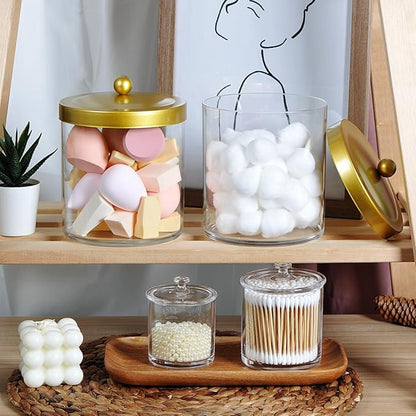 2 Pack 50 Ounce Large Clear Apothecary Jar with Gold Rust-Proof Lid - Shatterproof Plastic Storage Canister - Modern Luxury Bathroom Vanity & Laundry Room Organizer for Pods, Bath Salts