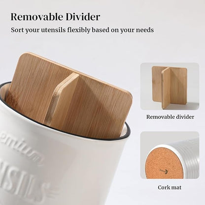 DOWAN 3 Compartment Kitchen Utensil Holder, 7.2″ Extra-Large Ceramic Stable Utensil Caddy, Rustic Cooking Utensil Crock for Farmhouse Kitchen Décor, Utensil Holder for Countertop