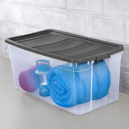Sterilite 200 Quart Clear Plastic Modular Stacker Storage Bin Tote Container with Latching Lid, Clear Base, and Textured Sure-Grip Surface, Flat Grey