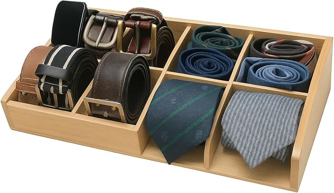Belt Organizer for Closet and Drawer – 8 Compartments Bamboo Storage Box for Belts and Ties – Eco-Friendly Natural Bamboo