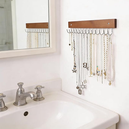 SCUNDA Hanging Jewerly Organizer for Wall, Wall Mounted Necklace Holder, Wood Wall Mount Jewerly Organizer for Earrings Bar, Hanging Rings, Necklaces and Bracelet, Nice Gift for Woman (2pack,Brown)