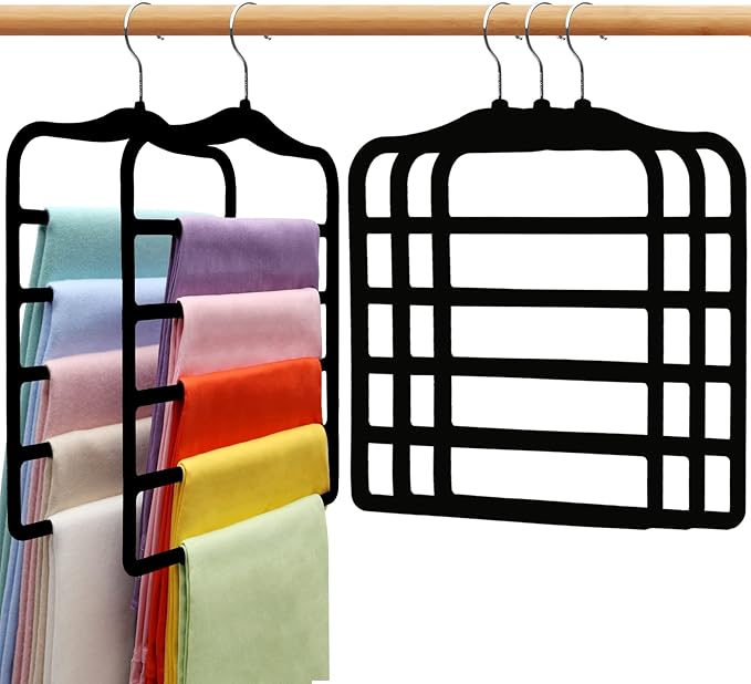 Closet Organizers and Storage,5 Pack Velvet Pants-Hangers-Space-Saving,Non Silp 5 Tier Scarf Jeans Organizer,Dorm Room Essentials for College Students Girls Boys Guys,Organization and Storage