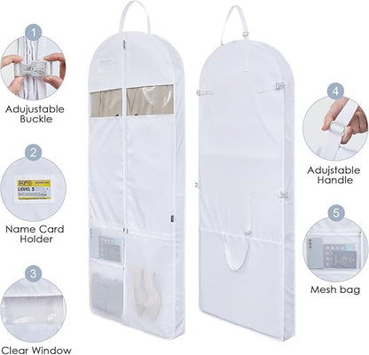 Easyo Garment Bags for Travel,60" Heavy Duty Suit Dress Garment Bag with 2 Clear Windows 3 Zipper Pockets,Dress Bags with Shoe Storage for Long Coat, Jacket, Sweater, Shirts, Suits - White