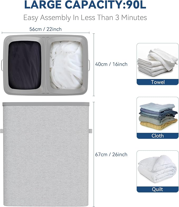 Dual Section 90 liter/23.8 gallon Laundry Hamper Separation Basket with lid, 2 Removable Washing Bags with Handles,Large Laundry Sorter for Easy Clothes Separation - Gray