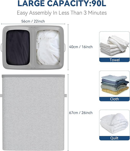 Dual Section 90 liter/23.8 gallon Laundry Hamper Separation Basket with lid, 2 Removable Washing Bags with Handles,Large Laundry Sorter for Easy Clothes Separation - Gray