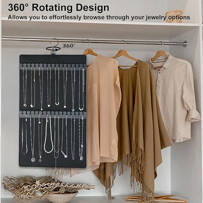 Dual Sided Hanging Jewelry Organizer with Hanger for Small Closet,Tangle Free Necklace Holder Over Door Large Capacity 300 Earrings+30 Necklaces, Soft Sturdy Felt Material,Gift Ready,1 Pack