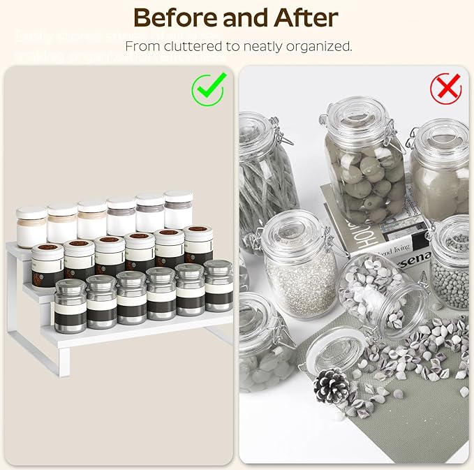 YATINEY Spice Rack, Wooden Display Riser Stand, Set of 2, Vanity Display Stand, Perfume Organizer, Tiered Countertop Organizers, Space Saving, for Kitchen Spices,Syrup, Coffee Mugs, White SR03L2WW