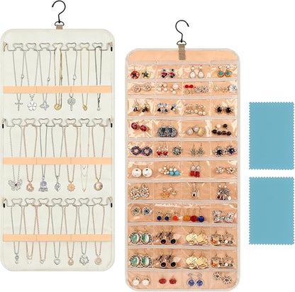 48 Pocket Oxford Fabric Double Sided Hanging Rotating Jewelry Organizer, Bracelet Necklace Jewelry Display Hanger for Closet Door, Earring Dustproof Holder Wall Mount Accessories(Off-white)