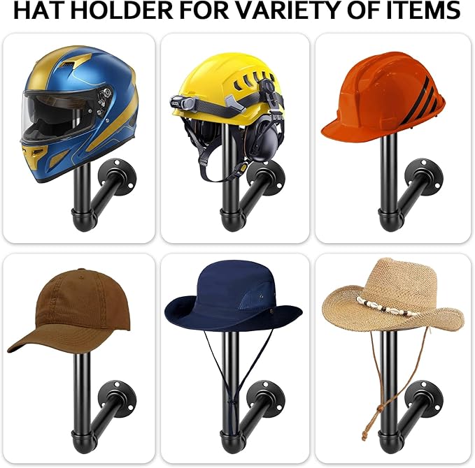 3PCS Metal Pipe Cowboy Hat Rack Wall Mount, Wooden Western Rustic Metal Hanger, Wall Mounted Helmet Holder for Multifunctional Display Hanger Stand for Cap Wig Hats, Fedora, Sun Hats