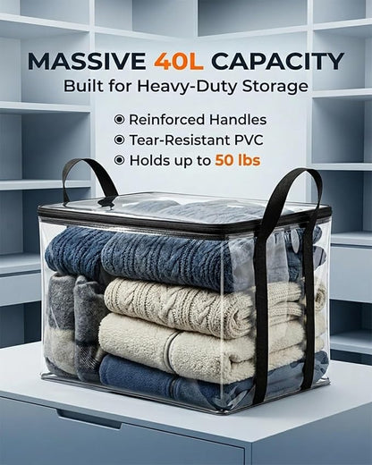 Large Heavy-Duty Thick Plastic Clear Storage Bag for Clothes - Foldable Clear Storage Tote with Reinforced Handles & Zipper for Moving, Dorm, Closet & Underbed Organization (White,2pcs)