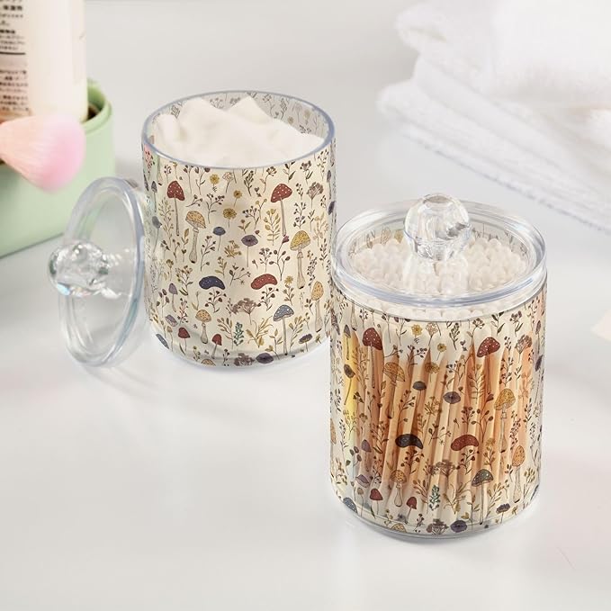 Milk Cow Qtip Holder with Lid 2PCS Apothecary Jars Storage Containers, Clear Plastic Canister for Cotton Swab,Floss Picks, Cosmetics (Mushroom and Flower, one sizex4)