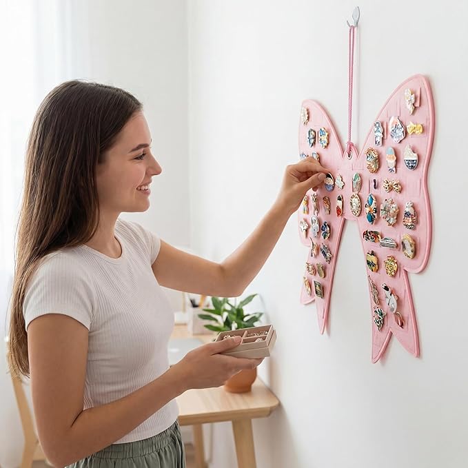 Pink Bow Brooch Pin Organizer Wall Hanging Display Board Kawaii Enamel Display Holder Storage Case Holds 106 Pins Cute Coquette Aesthetic Collection Rack for Room Decor Gift