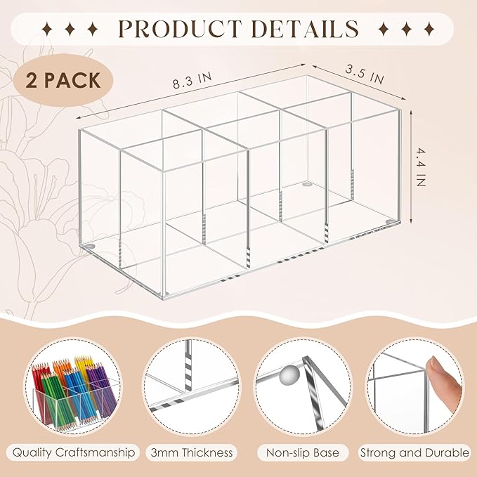 Zhehao 2 Pack Clear Acrylic Makeup Brush Holder Organizer, 6-slot Cosmetic Storage Organizer Pencil Holder for Vanity, Countertop & Desk, Transparent Makeup Brush Stand for Brushes, Lipsticks & Pens