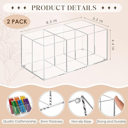 Zhehao 2 Pack Clear Acrylic Makeup Brush Holder Organizer, 6-slot Cosmetic Storage Organizer Pencil Holder for Vanity, Countertop & Desk, Transparent Makeup Brush Stand for Brushes, Lipsticks & Pens