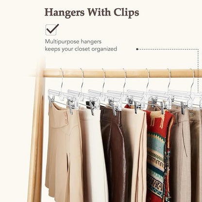 HOUSE DAY Clear Pants Hangers 100 Pack, Non-Slip Plastic Skirt Hanger with 2 Adjustable Clips, Heavy Duty Clip Hangers for Pants, Skirts, Shorts, 14" Clear Hanger, 360-Rotating Swivel Hook