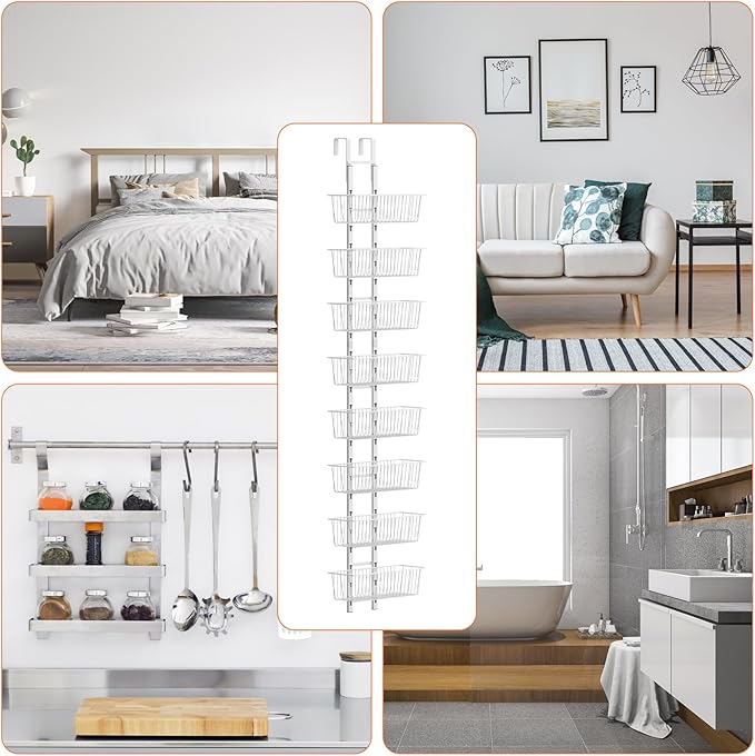 8 Tier Over the Door Pantry Organizer, Over the Door Spice Rack with Adjustable Baskets, Metal Hanging Door Pantry Organizers and Storage for Kitchen Bathroom Bedroom, White