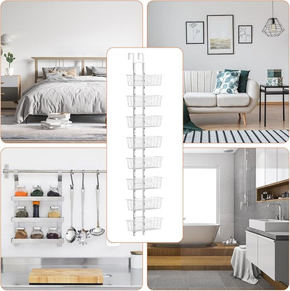 8 Tier Over the Door Pantry Organizer, Over the Door Spice Rack with Adjustable Baskets, Metal Hanging Door Pantry Organizers and Storage for Kitchen Bathroom Bedroom, White