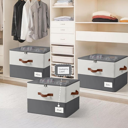 Shoe Organizer for Closet, Fits Up to 16 Pairs, Large Shoe Box Storage Container with Clear Cover, with Adjustable Dividers for Shoe Storage Bins,Space-Saving Shoe Bins (Beige and grey)