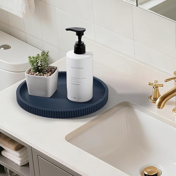 Silicone Bathroom Tray Round Kitchen Counter Organizer Decorative Vanity Accessories Coffee Table Decor for Perfume, Candle, Soap Dish, 9 Inch, Dark Blue