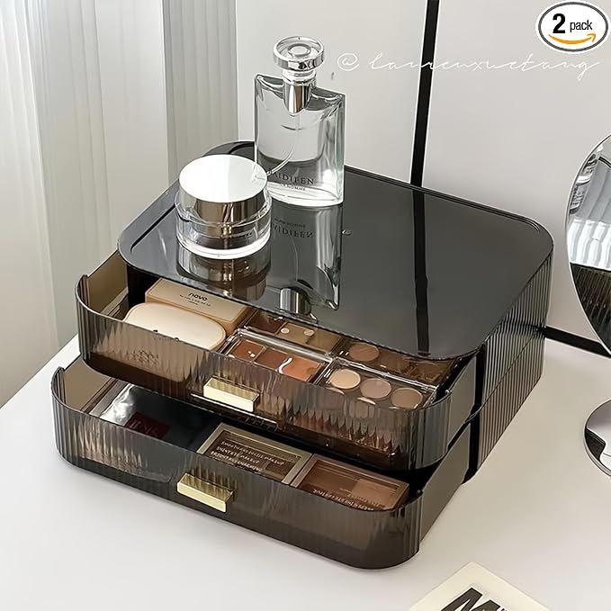 2 Pack Stackable Makeup Organizer with Drawers, Bathroom Storage for Eyeshadow Palettes, Cosmetics, and Beauty Supplies. Ideal for Vanity Counter, Cabinet, Entryway Table, Desk