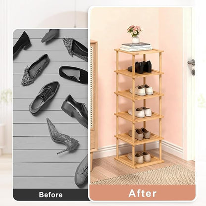 Aniston 6 Tier Small Shoe Rack Bamboo, Free Standing Slim Narrow Shoe Storage, Vertical Tall Shoe Shelf Organiser for Garage, Closet, Doorway, Corner, Living Room Small Spaces