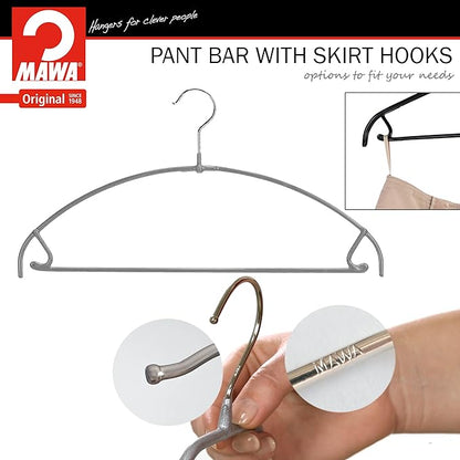 Mawa by Reston Lloyd Euro Ultra Light/Thin Series, Non-Slip Space Saving Clothes Hanger with Bar & Hook for Pants and Skirts, Style 42/PTU, Set of 2, Silver