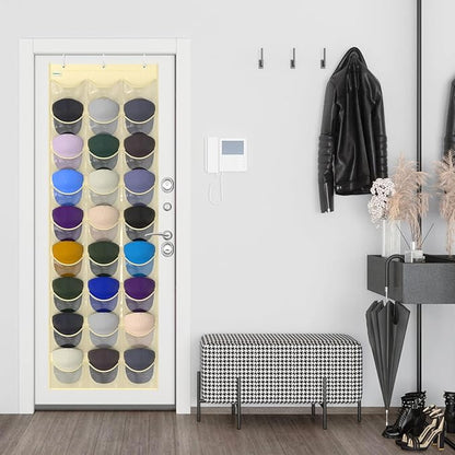 Baseball Hat Rack, 27 Pocket Over-The-Door Hat Organizer with Clear Deep Pockets to Display Baseball Caps Collection, Complete with 3 Over Door Hooks (Beige, 27 Pockets)