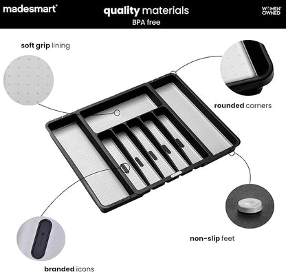 madesmart Expandable Silverware Tray, 8 Compartment Silverware Organizer for Forks, Knives & Spoons, Non Slip, Soft Grip Base, Expands to Fit Most Drawers, Carbon