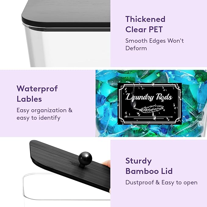 Lifewit 4 Pcs Laundry Pods Container with Bamboo Lid, Dryer Sheet Holder, Laundry Room Organization for Washing Powder, Scent Booster Beads, 2600 +2000ml/0.53+0.7gal
