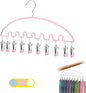 Legging Organizer for Closet,Metal Wave Design Pants Hanger with 10 Clips 7 Hooks, Closet Storage for Pants, Skirts, Hats (Pink, 1Pack)