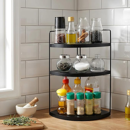 Corner Bathroom Counter Organizer Countertop Black, 2 Pack 3 Tier Corner Shelf Wood Vanity Tray Easy Assembly Space Saving Shelf for Kitchen, Bathroom, Dresser, Makeup, Office